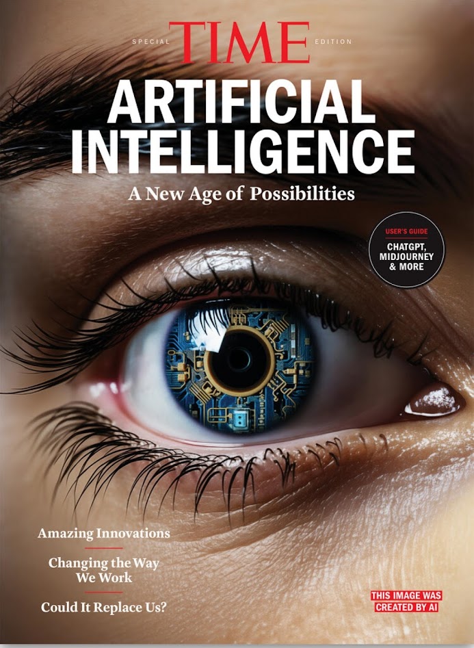 The cover of TIME Magazine featuring a close-up of an eye with circuits in it