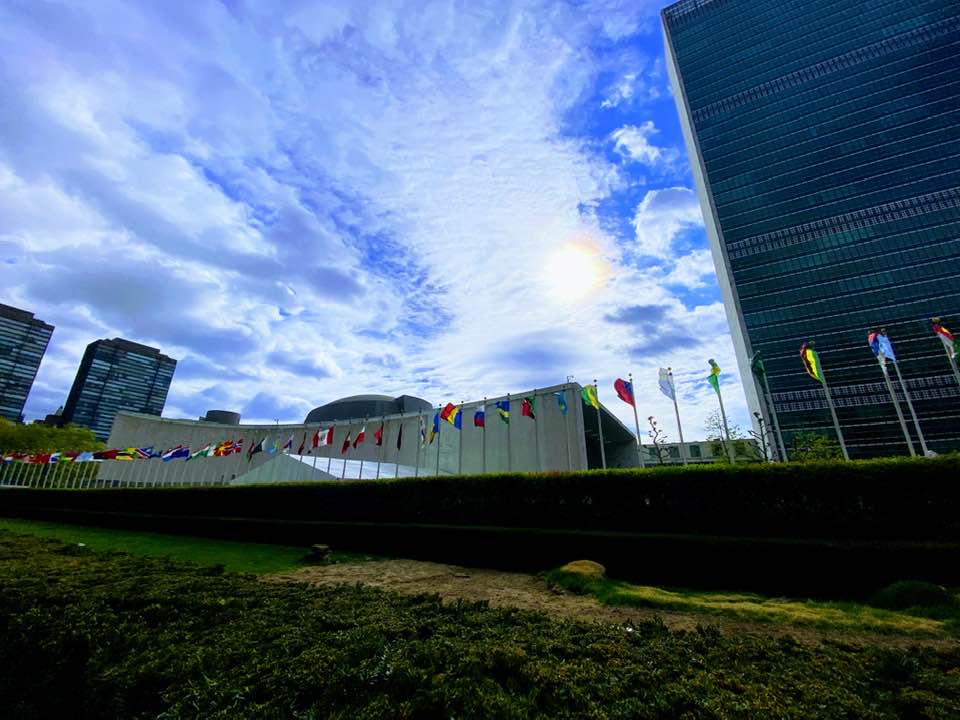 the exterior of United Nations headquarters showing the multitude of flags of member states on a sunny day.